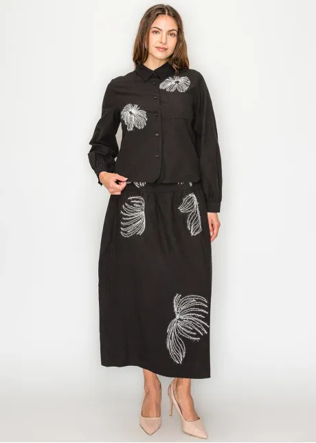 Black Blouse with Abstract Embroidered Motifs