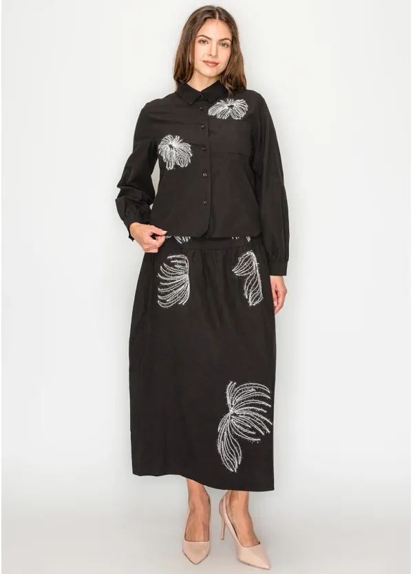Black Embroidered Blouse and Midi Skirt Set