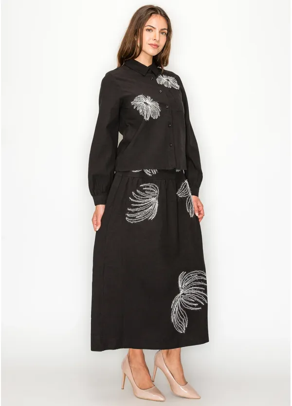 Black Embroidered Blouse and Midi Skirt Set