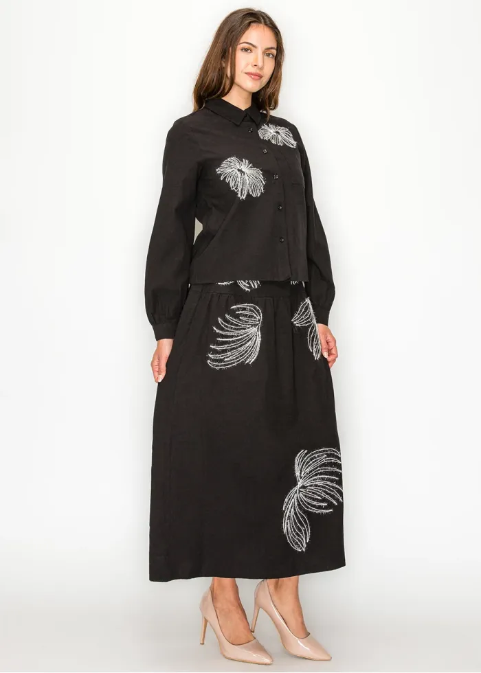Black Embroidered Blouse and Midi Skirt Set