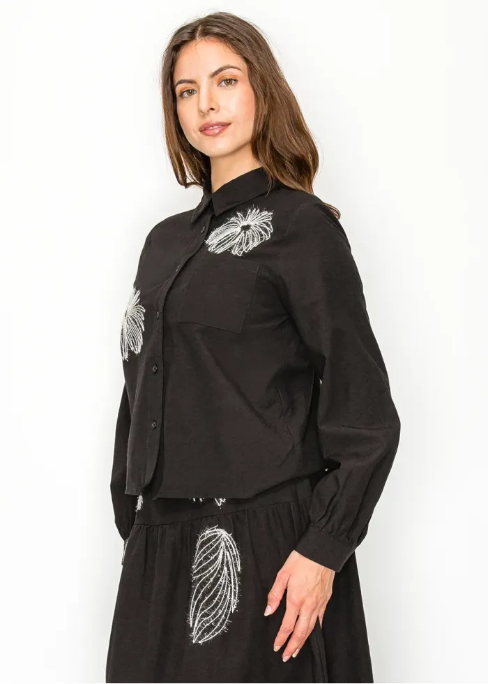 Black Blouse with Abstract Embroidered Motifs