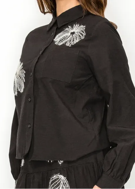 Black Blouse with Abstract Embroidered Motifs