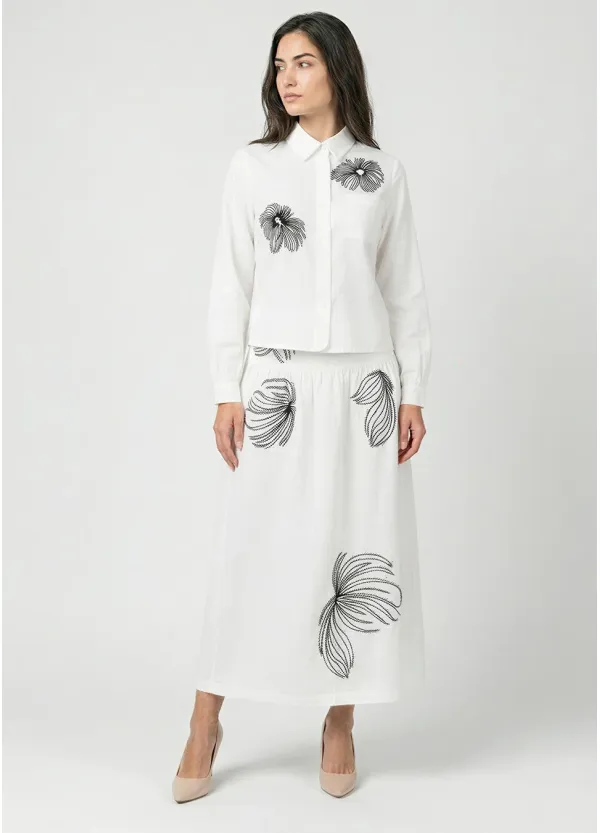 White Set with Black Floral Embroidery