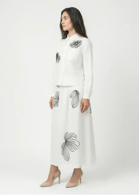 White Blouse with Black Floral Embroidery