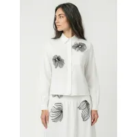White Blouse with Black Floral Embroidery
