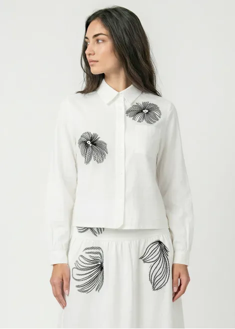 White Blouse with Black Floral Embroidery