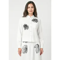 White Blouse with Black Floral Embroidery