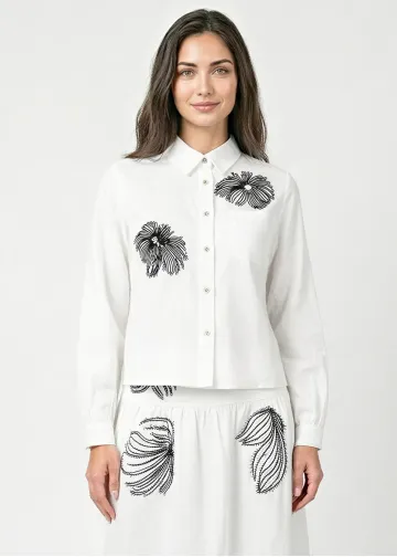 White Blouse with Black Floral Embroidery