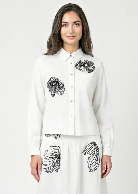 White Blouse with Black Floral Embroidery