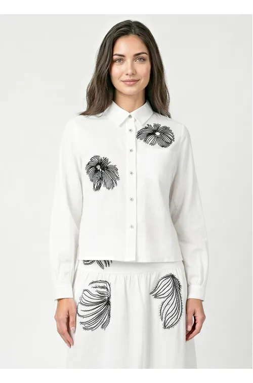 White Blouse with Black Floral Embroidery