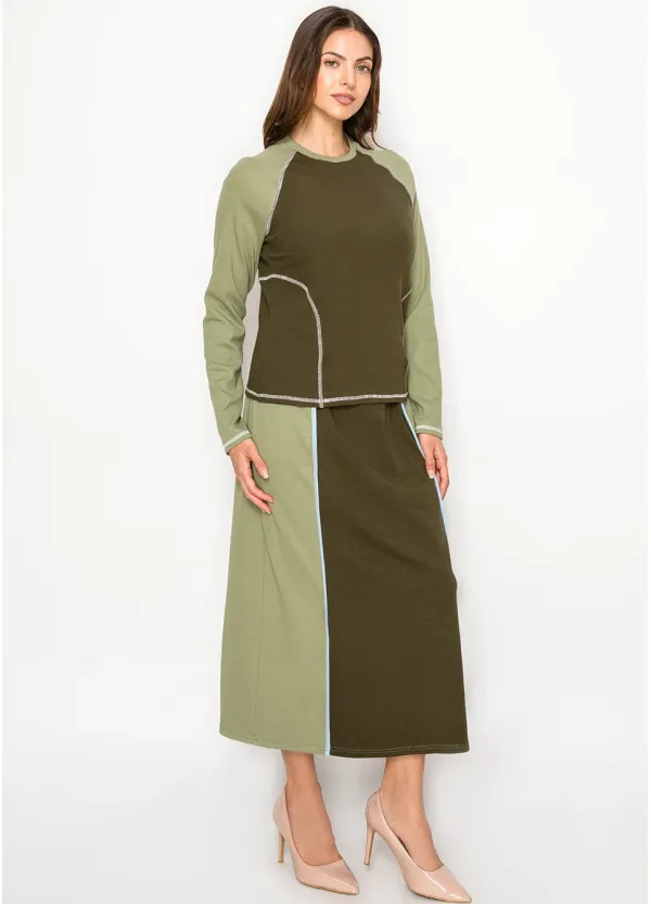 Two-Tone Olive Set – Colorblock Top and Midi Skirt