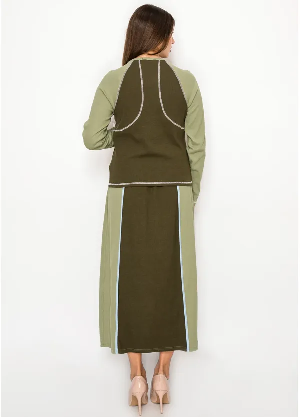 Two-Tone Olive Set – Colorblock Top and Midi Skirt