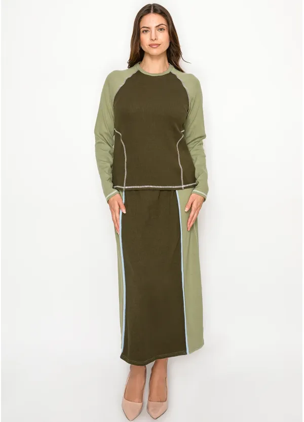 Two-Tone Olive Set – Colorblock Top and Midi Skirt