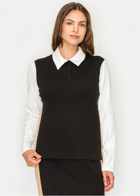 Black and Beige Contrast Panel Polo Tee