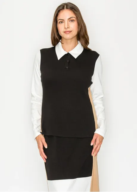 Black and Beige Contrast Panel Polo Tee