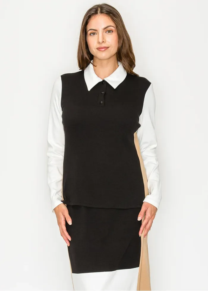 Black and Beige Contrast Panel Polo Tee