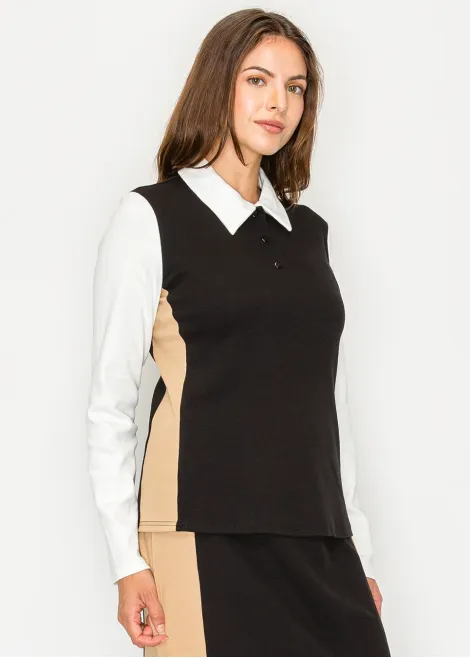 Black and Beige Contrast Panel Polo Tee