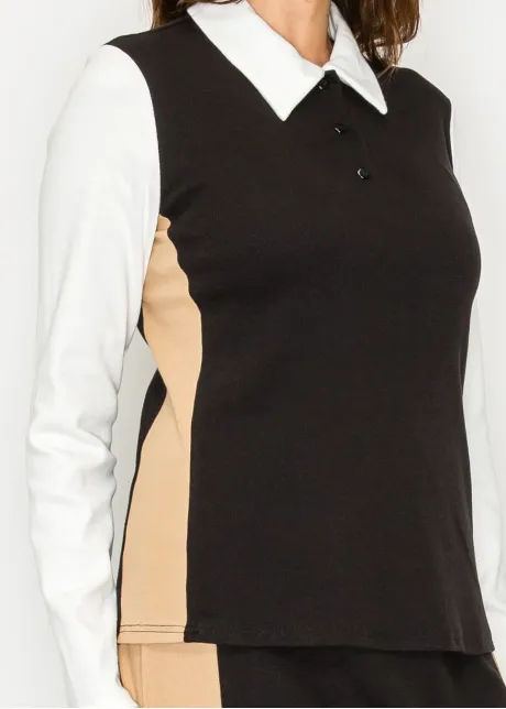 Black and Beige Contrast Panel Polo Tee