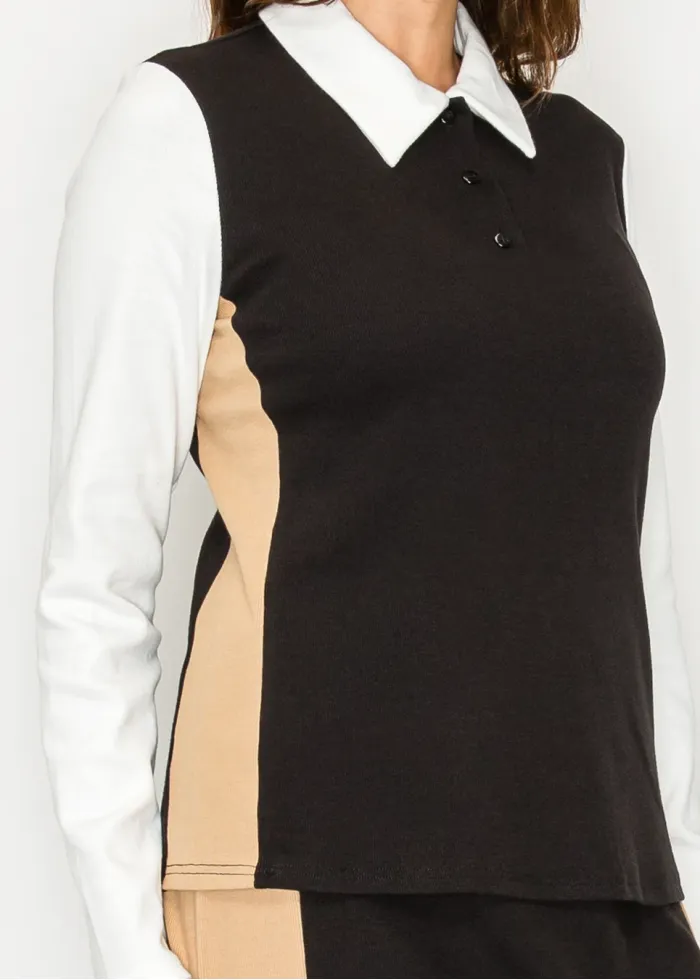 Black and Beige Contrast Panel Polo Tee