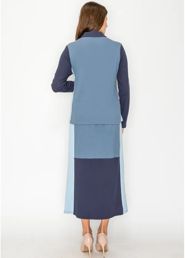 Blue Colorblock Polo Top & Midi Skirt Set