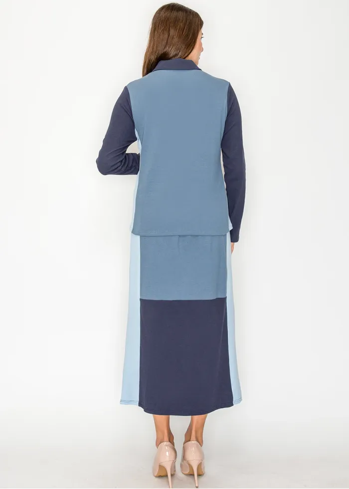 Blue Colorblock Polo Top & Midi Skirt Set