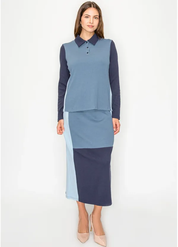 Blue Colorblock Polo Top & Midi Skirt Set