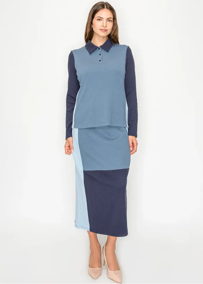 Blue Colorblock Polo Top & Midi Skirt Set
