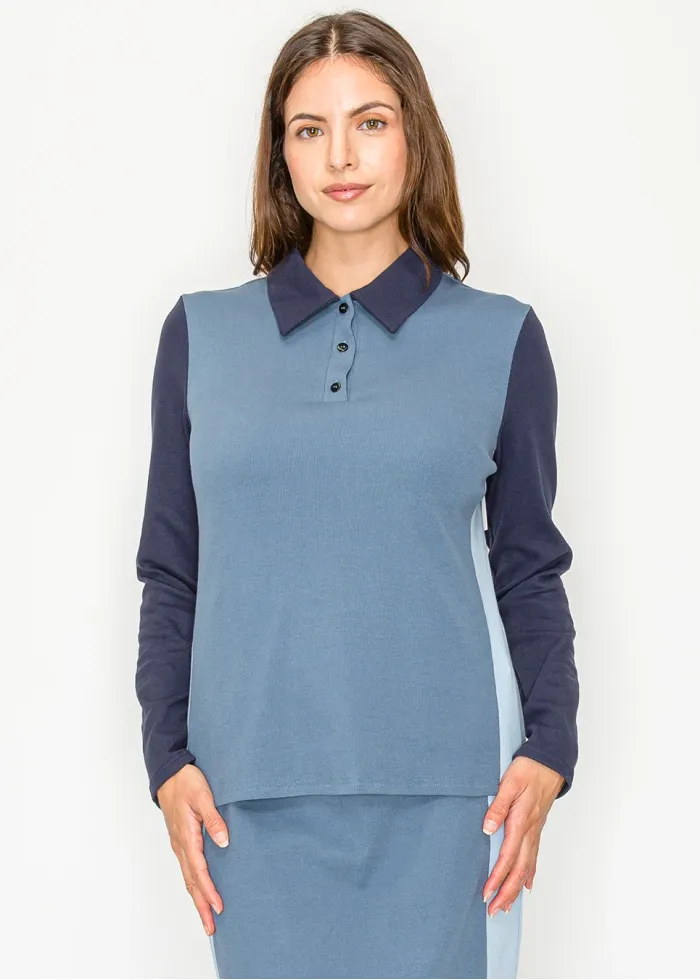 Colorblock Blue Long Sleeve Polo Tee