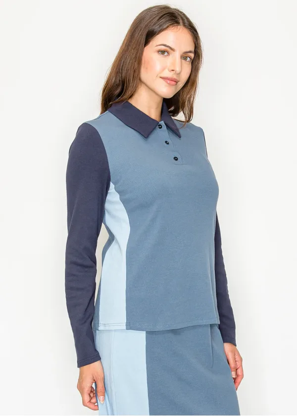 Colorblock Blue Long Sleeve Polo Tee