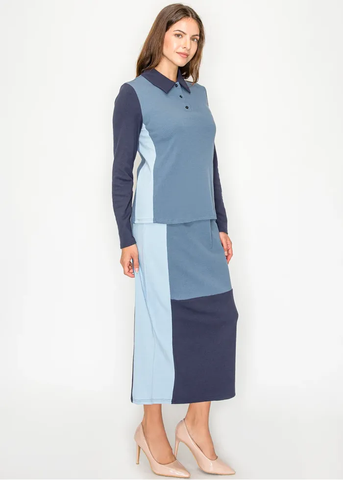 Blue Colorblock Polo Top & Midi Skirt Set
