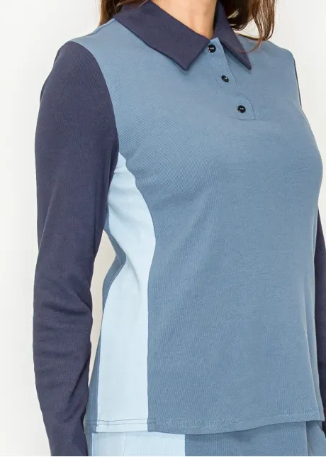 Colorblock Blue Long Sleeve Polo Tee