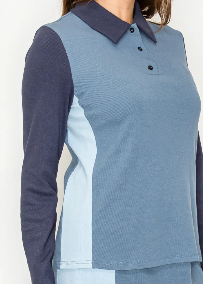 Colorblock Blue Long Sleeve Polo Tee