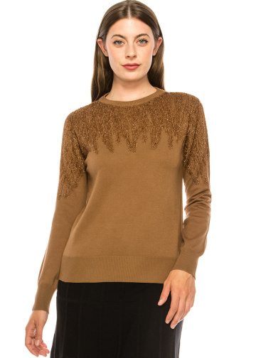 Camel Glitter Fringe Top