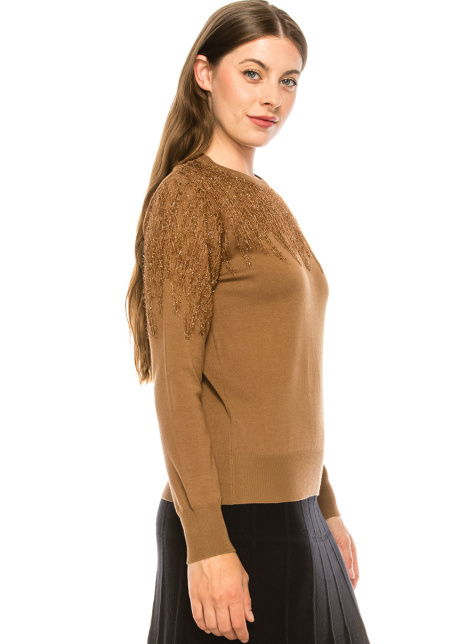 Camel Glitter Fringe Top