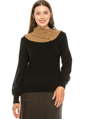 Black and Camel Split Neck Sweater