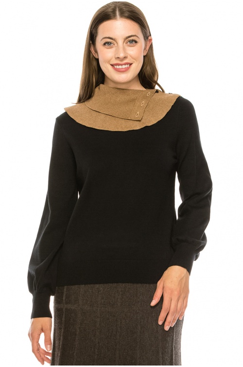 Black and Camel Split Neck Sweater