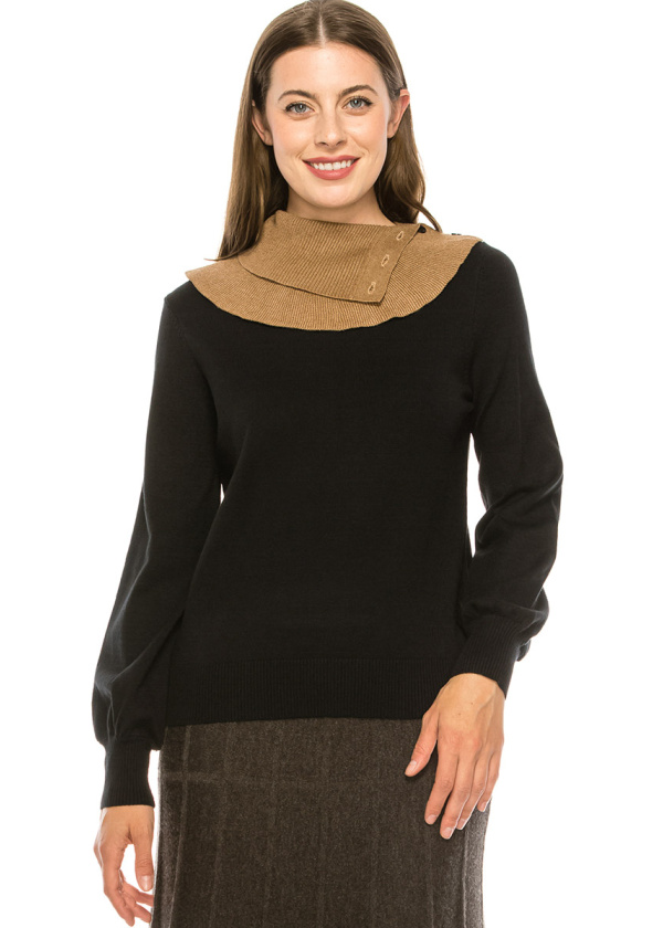 Black and Camel Split Neck Sweater