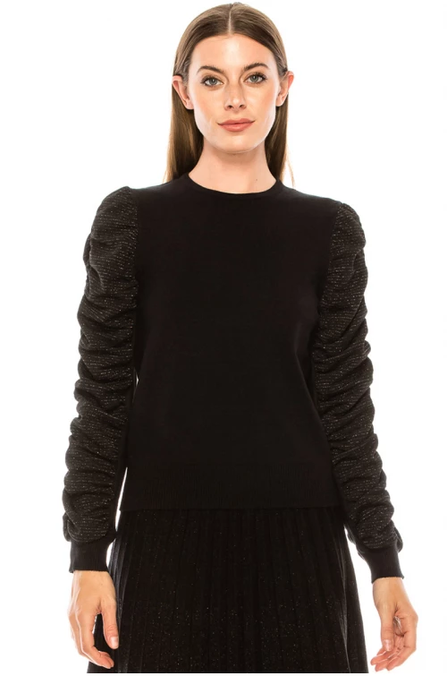Crew neck sweater with draped lurex sleeves