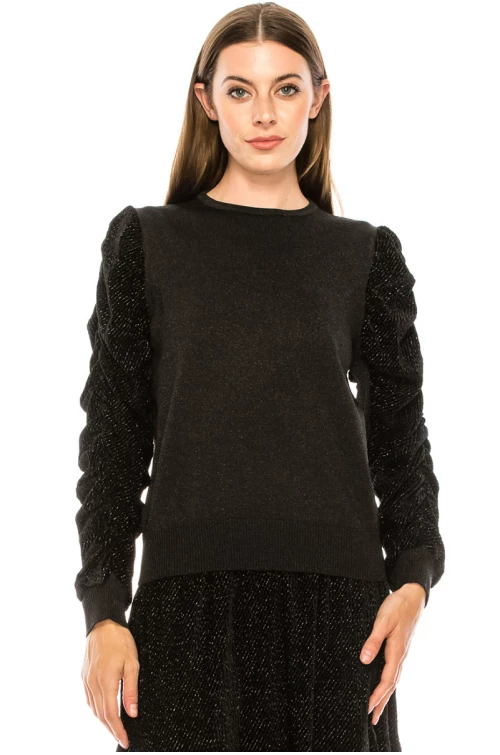 Black velvet sweater with volume lurex sleeves