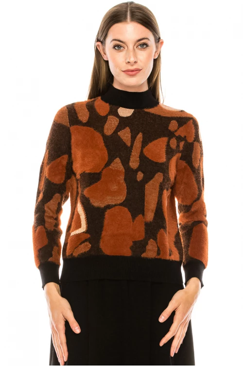 Asymmetrical print sweater in rust & black 
