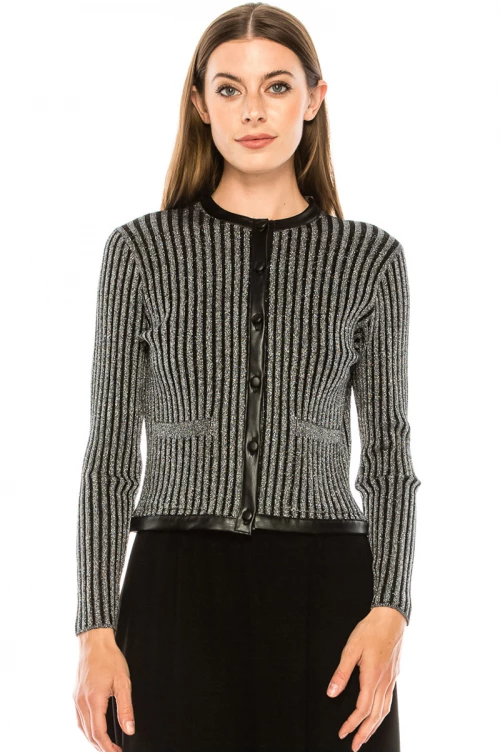 Leather trim lurex cardigan in silver