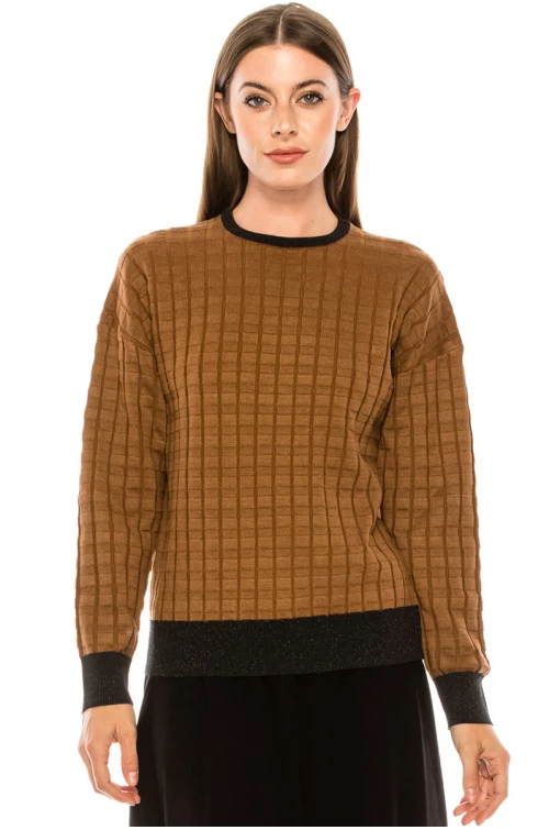 Checkered texture sweater in camel