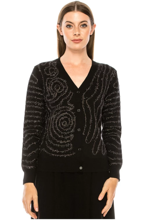 Embroidered shiny cardigan in black