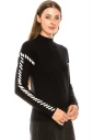 Black waffle knit sweater with white stitches