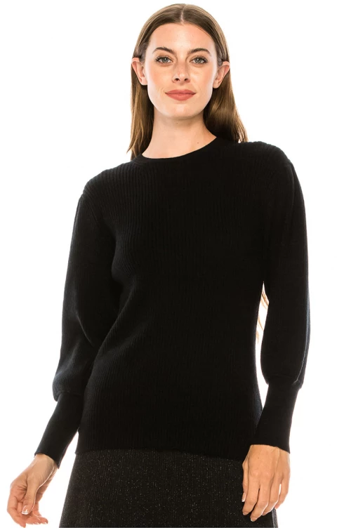 Crew neck leg-of-mutton sleeve sweater in black