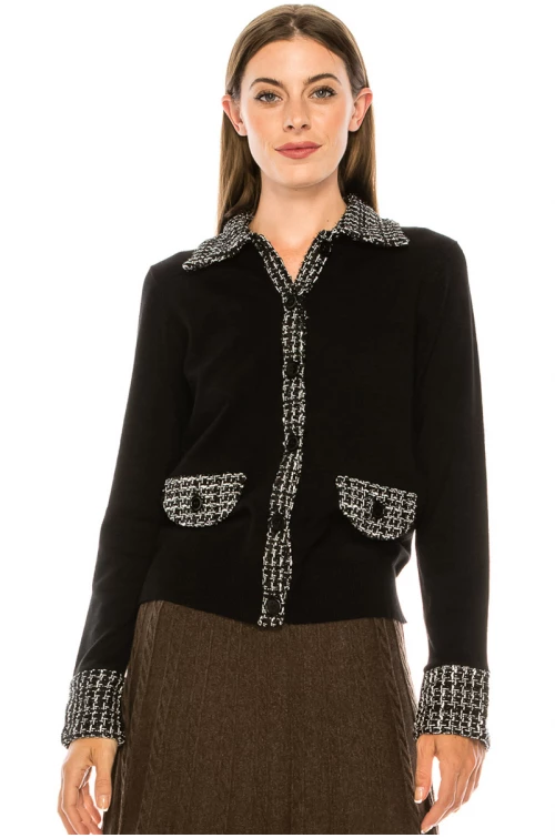 Check print trim cardigan in black and white