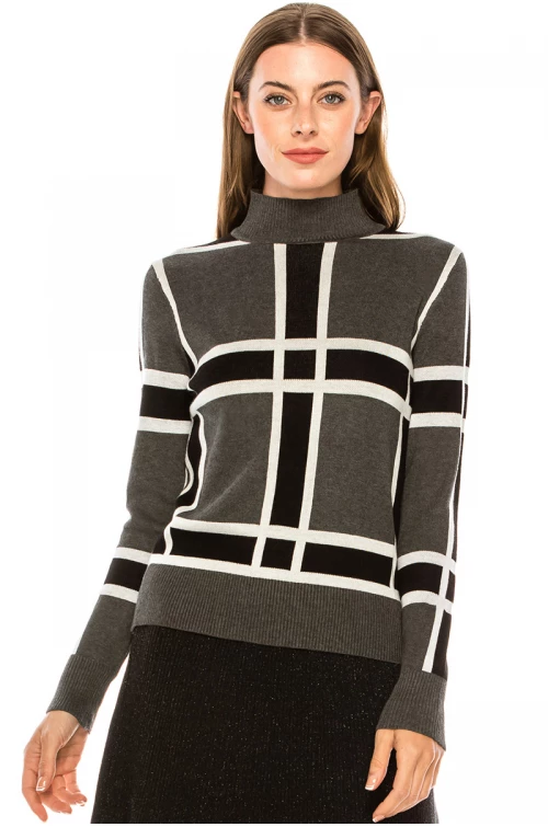 High neck checkered sweater in grey