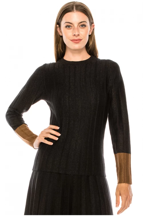 Long Sleeve Black Sweater with brown cuffs