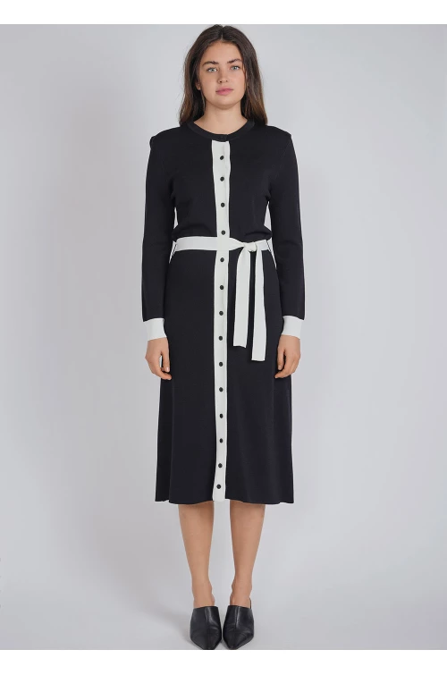 Elegant Black Knit Dress with White Accents