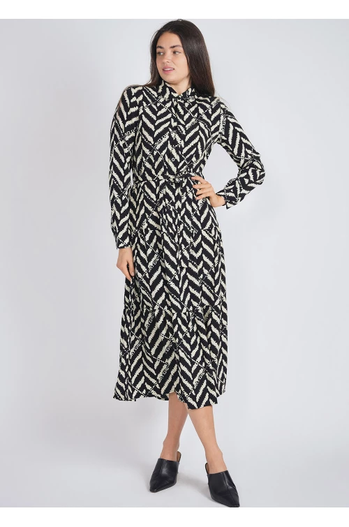 Long-Sleeved Black & White Dress with Classic Shirt Neckline